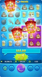 Emoji Riches · Verifikasi nilai saldo, nominal taruhan aktif, dan indikator hasil di bawah kisi.